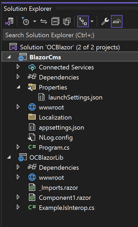 OCBlazor.sln Solution Explorer