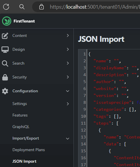 Import content definition and item into tenant 01