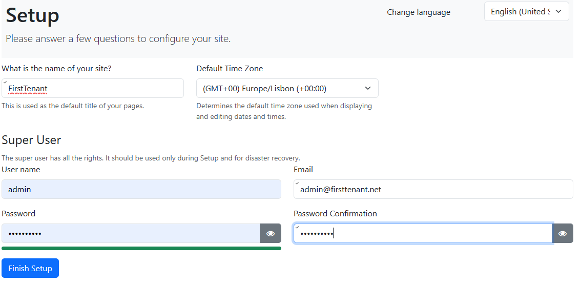 Setup screen first tenant