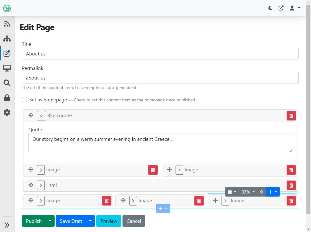 The editor of an About Us page using Flow Part.