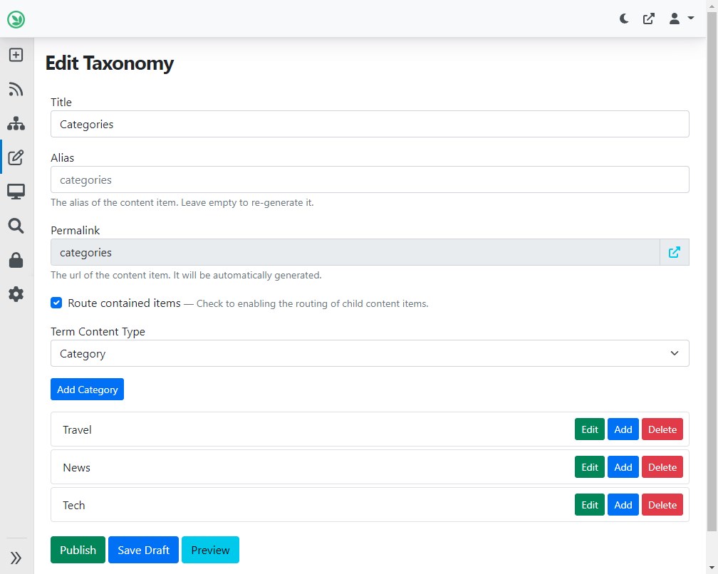 Editor of the Categories Taxonomy with Terms.