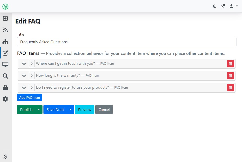 The editor of a FAQ page modeled like in the example mentioned above.