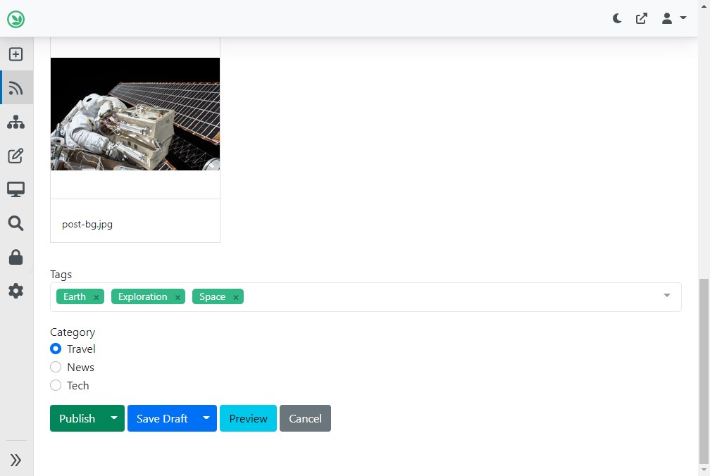 Tags and category Taxonomy Terms under a Blog Post content item.