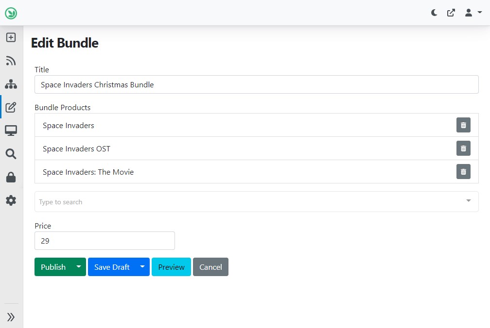 The editor of a product bundle item, with products selected.