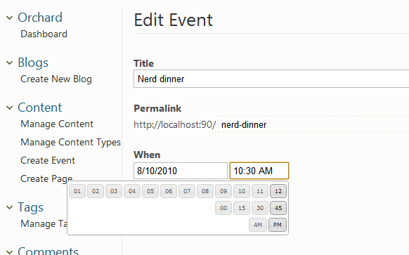 The date time field in the event editor