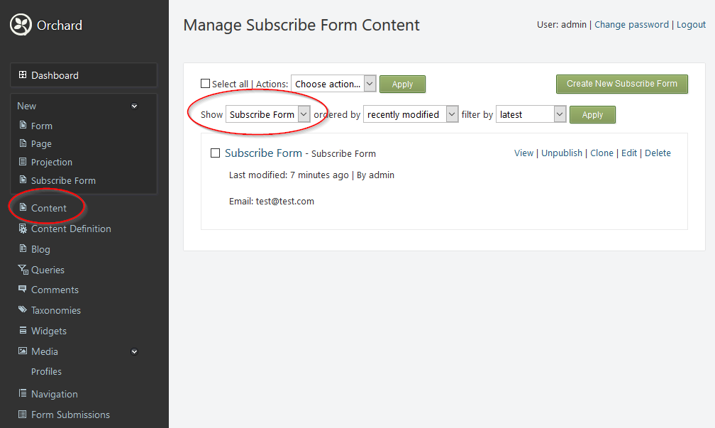 Subscribe Form Content Type